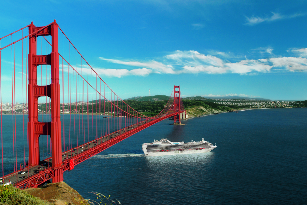 Ship sailing under Golden Gate Bridge