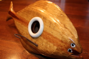 A halibut birdhouse made by artist Rick Riley from the San Diego area. Part of the proceeds go to fight Parkinson's disease and Wounded Warriors.