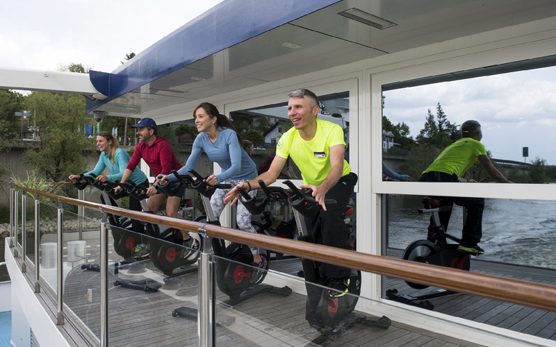 Ama devotes a significant portion of the additional space to fitness, include spin cycles with a view. 
